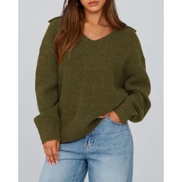 BTFBM Women's 2024 Fall Winter Sweaters Long Sleeve V Neck Lapel Collar Casual Pullover Oversized Knitted Jumper Tops