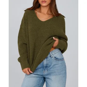 BTFBM Women's 2024 Fall Winter Sweaters Long Sleeve V Neck Lapel Collar Casual Pullover Oversized Knitted Jumper Tops