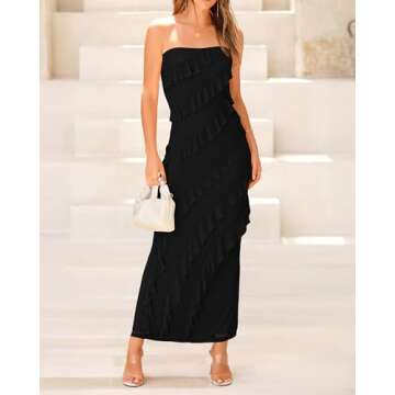 BTFBM Casual Womens Dresses 2024 Stylish Solid Color Strapless Tight Ruffle Midi Dress Cocktail Dres...