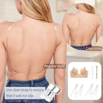 Sexy Code 1701 Womens Low Back Bras Deep Plunge Backless Bra Push Up Bra with Clear Straps, Low Cut Convertible Underwire Bra