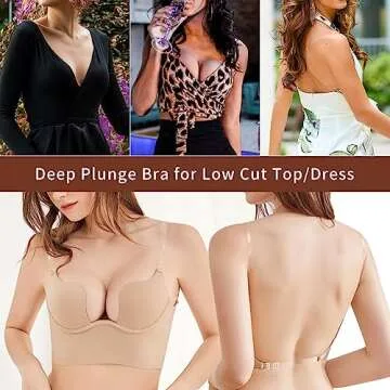 Sexy Code 1701 Womens Low Back Bras Deep Plunge Backless Bra Push Up Bra with Clear Straps, Low Cut Convertible Underwire Bra