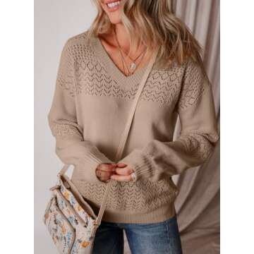 SHEWIN Womens Lightweight Sweaters Casual Long Sleeve V Neck Crochet Sweater Tops Cable Knit Pullove...