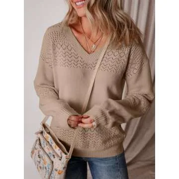 SHEWIN Womens Lightweight Sweaters Casual Long Sleeve V Neck Crochet Sweater Tops Cable Knit Pullove...