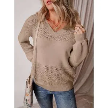 SHEWIN Womens Lightweight Sweaters Casual Long Sleeve V Neck Crochet Sweater Tops Cable Knit Pullover Jumper Spring Clothes for Women 2025, US 16-18(XL), Camel