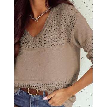 SHEWIN Womens Lightweight Sweaters Casual Long Sleeve V Neck Crochet Sweater Tops Cable Knit Pullover Jumper Spring Clothes for Women 2025, US 16-18(XL), Camel