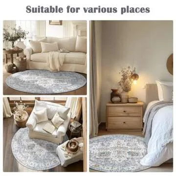 jinchan Round Rug 4ft Area Rug - Machine Washable 4'Circle Vintage Floral Non-Slip with Rubber Backing Ultra-Thin Low-Pile Carpet for Living Room Dining Room Entryway (4'Round,Grey/Blue)