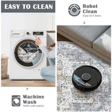 jinchan Round Rug 4ft Area Rug - Machine Washable 4'Circle Vintage Floral Non-Slip with Rubber Backing Ultra-Thin Low-Pile Carpet for Living Room Dining Room Entryway (4'Round,Grey/Blue)