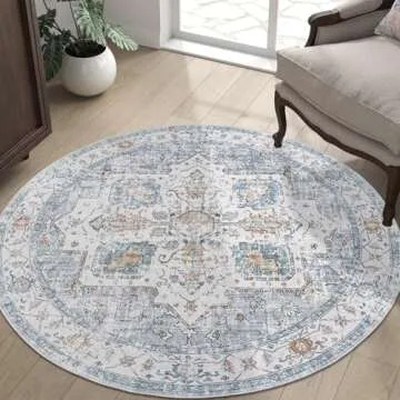 jinchan Round Rug 4ft Area Rug - Machine Washable 4'Circle Vintage Floral Non-Slip with Rubber Backing Ultra-Thin Low-Pile Carpet for Living Room Dining Room Entryway (4'Round,Grey/Blue)