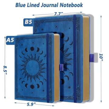 HwxBen Journal for Men & Women, Daily for Classic Lined Writing, 360 Pages Hardcover Journaling Notebook with Pen, Vintage Sun & Moon Design, Blue,B5 (7.7'' x 10'')
