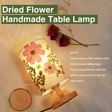 Floresita Dried Flowers Table Lamp 5W LED 3-color Pressed Flower Bedside Lamp Linen Shade Table Lamp with Wood Base for Bedroom Living Room Desk Office