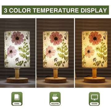 Floresita Dried Flowers Table Lamp 5W LED 3-color Pressed Flower Bedside Lamp Linen Shade Table Lamp with Wood Base for Bedroom Living Room Desk Office