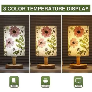 Floresita Dried Flowers Table Lamp 5W LED 3-color Pressed Flower Bedside Lamp Linen Shade Table Lamp with Wood Base for Bedroom Living Room Desk Office