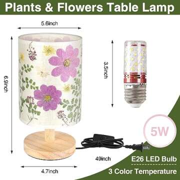 Floresita Dried Flowers Table Lamp 5W LED 3-color Pressed Flower Bedside Lamp Linen Shade Table Lamp with Wood Base for Bedroom Living Room Desk Office