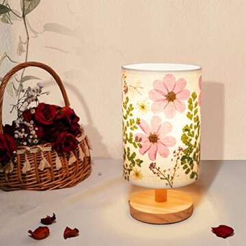 Floresita Dried Flowers Table Lamp 5W LED 3-color Pressed Flower Bedside Lamp Linen Shade Table Lamp with Wood Base for Bedroom Living Room Desk Office