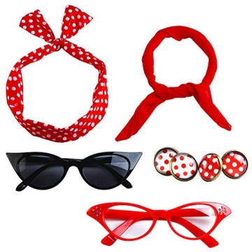 Aneco 6 Pack 50s Set Chiffon Scarf Cat Eye Glasses Bandana Tie Headband Earrings(Red)