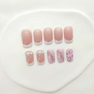 Press on Nails Short Square Fake Nails White French Tip False Nails with Heart Designs Pink & Nude Acrylic Nails Glossy Artificial Nails Gold Glitter & Rhinestones Glue on Nails for Women 24Pcs