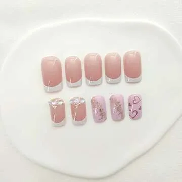 Press on Nails Short Square Fake Nails White French Tip False Nails with Heart Designs Pink & Nude Acrylic Nails Glossy Artificial Nails Gold Glitter & Rhinestones Glue on Nails for Women 24Pcs