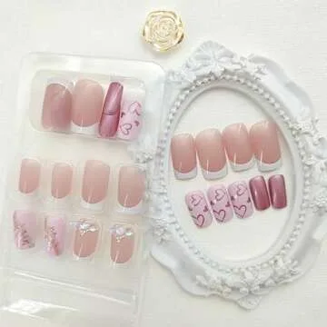 Press on Nails Short Square Fake Nails White French Tip False Nails with Heart Designs Pink & Nude Acrylic Nails Glossy Artificial Nails Gold Glitter & Rhinestones Glue on Nails for Women 24Pcs