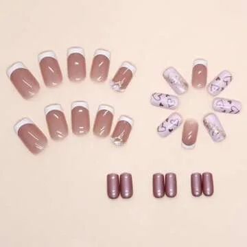 Press on Nails Short Square Fake Nails White French Tip False Nails with Heart Designs Pink & Nude Acrylic Nails Glossy Artificial Nails Gold Glitter & Rhinestones Glue on Nails for Women 24Pcs