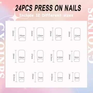 Press on Nails Short Square Fake Nails White French Tip False Nails with Heart Designs Pink & Nude Acrylic Nails Glossy Artificial Nails Gold Glitter & Rhinestones Glue on Nails for Women 24Pcs