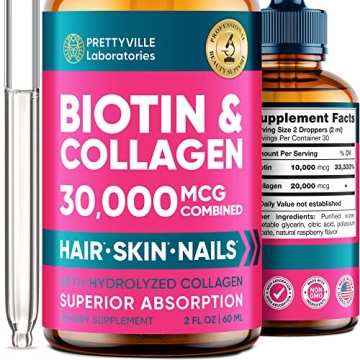 Liquid Collagen & Biotin for Women - 30000mcg Hair Growth Complex - Made in USA - Hydrolyzed Collage...