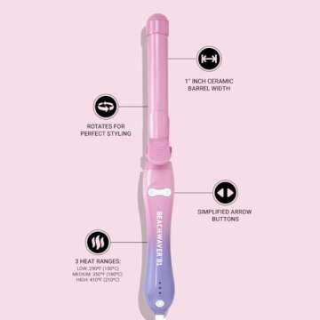 Beachwaver B1 Rotating Curling Iron in Pink Sunset - 1 Inch Barrel | Quick, easy, long-lasting curls and waves | Pink and purple ombre sunset