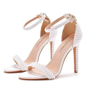 Crystal Queen Full Pearls Heels Sandals Stiletto Heels Peep Toe High Heel Sandals Pump Shoes For Bride Wedding Party Evening (36, White)