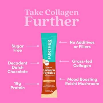 Further Food Chocolate Collagen Peptides Powder Stick Packs, Grass-Fed Pasture-Raised Hydrolyzed Type 1 & 3 Protein, Gut Health + Joint, Hair, Skin, Nails, Paleo Keto Sugar-Free 9.74 oz