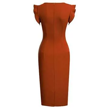 Miusol Women's Retro Ruffle Style Slim Work Pencil Dress(Small, Rust Red)
