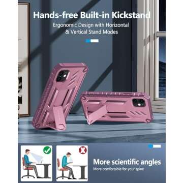 FNTCASE for iPhone 12 Phone Case: for iPhone 12 Pro Phone Case Military Grade Drop Proof Rugged Protective Cover with Kickstand | Matte Textured Shockproof TPU Hybrid Bumper Cases 6.1 inch - Pink