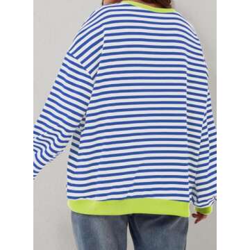 Eytino Plus Size Sweatshirts for Women Crew Neck Long Sleeve Pullover Tops 2024 Fall Shirts Striped Color Block Oversized Sweatshirt Blue White 3X