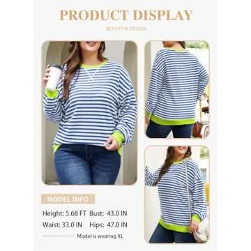 Eytino Plus Size Sweatshirts for Women Crew Neck Long Sleeve Pullover Tops 2024 Fall Shirts Striped Color Block Oversized Sweatshirt Blue White 3X