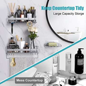 Kayfia Shower Caddy Basket Shelf with Soap Holder, 3 Pack Adhesive Organizer, No Drilling Rustproof Alloy Steel Mounted Racks with Towel Bar for Kitchen Bathroom Shampoo Storage (Silver Grey)