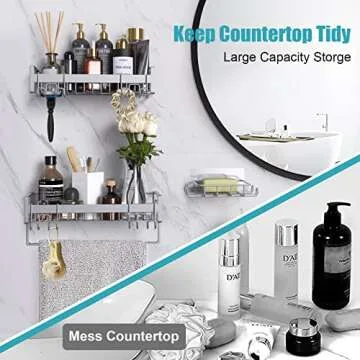 Kayfia Shower Caddy Basket Shelf with Soap Holder, 3 Pack Adhesive Organizer, No Drilling Rustproof Alloy Steel Mounted Racks with Towel Bar for Kitchen Bathroom Shampoo Storage (Silver Grey)