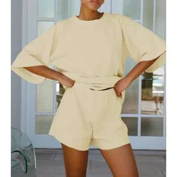 Tankaneo Womens Pajama Sets 3/4 Sleeve Oversized Tops and Elastic Waist Shorts Lounge Sets Loungewear