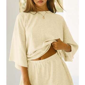 Tankaneo Womens Pajama Sets 3/4 Sleeve Oversized Tops and Elastic Waist Shorts Lounge Sets Loungewear