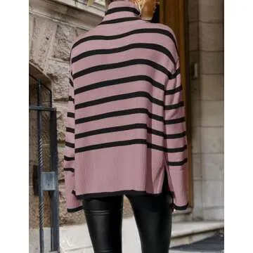 ZESICA Women's Winter Sweaters Casual Turtleneck Long Sleeve Striped Side Slit Loose Pullover Sweater Jumper Tops,Purple,Small