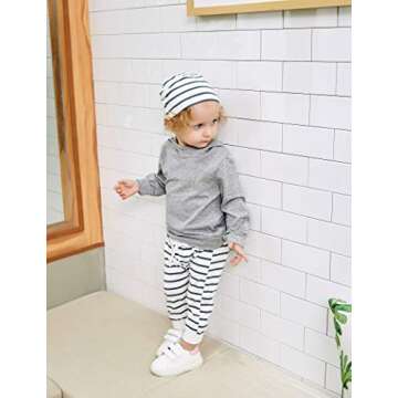 Newborn Baby Boys Girls Grey Hoodie Sweatshirt Top + Striped Pants Outfits Set TODDLING Around Clothes(12-18 Months)