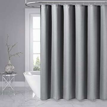 Dynamene Grey Fabric Shower Curtain for Bathroom - Waffle Weave Textured Heavy Duty , 256GSM Hotel Luxury Weighted Cloth Bath Curtain Set with 12 Plastic Hooks,72x72, Grey/Gray