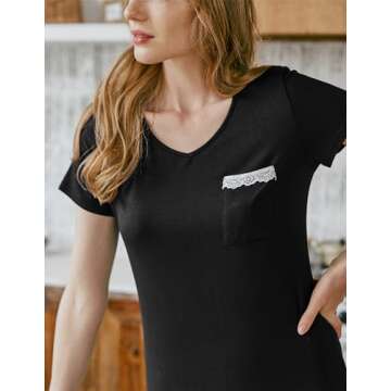 Ekouaer Sleep Shirt Sexy Women's Modal Nightgown Short Sleeves Nightdresses Sleepwear Lace Trim Sleepdress Black M