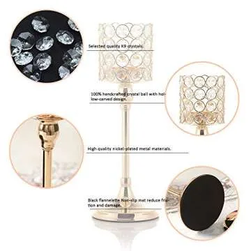 VINCIGANT Gold Crystal Cylinder Candle Holders Set of 2 for Wedding Table Centerpieces Anniversary Celebration DecorationsGifts,12 Inches Tall