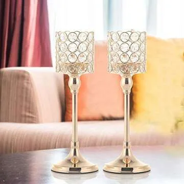 VINCIGANT Gold Crystal Cylinder Candle Holders Set of 2 for Wedding Table Centerpieces Anniversary Celebration DecorationsGifts,12 Inches Tall