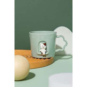 DIHOclub Cat Ceramic Cup Window Animals Mug Cute Cartoon Handmade Figurine Mugs,Holiday and Birthday Gift for Daughter,Son,Kids,9 OZ (Blue)