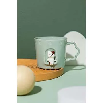 DIHOclub Cat Ceramic Cup Window Animals Mug Cute Cartoon Handmade Figurine Mugs,Holiday and Birthday Gift for Daughter,Son,Kids,9 OZ (Blue)