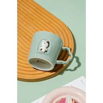 DIHOclub Cat Ceramic Cup Window Animals Mug Cute Cartoon Handmade Figurine Mugs,Holiday and Birthday Gift for Daughter,Son,Kids,9 OZ (Blue)