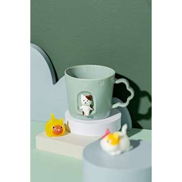 DIHOclub Cat Ceramic Cup Window Animals Mug Cute Cartoon Handmade Figurine Mugs,Holiday and Birthday Gift for Daughter,Son,Kids,9 OZ (Blue)