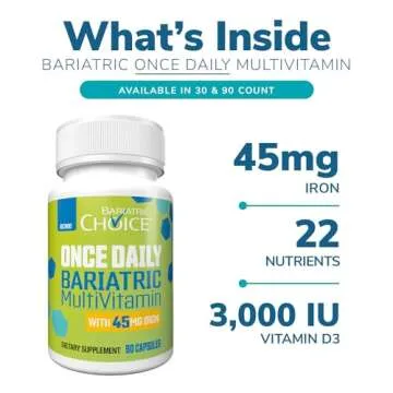 Bariatric Choice Once-Daily Multivitamin with 45 mg Iron | Easy to Swallow Capsule | Vitamin for Bar...