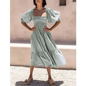UIMLK Women's Puff Sleeve Smocked Gingham Off The Shoulder Back Bow Tie Flowy Cottagecore Bohemian Ruffle Midi Dress,Green-XL