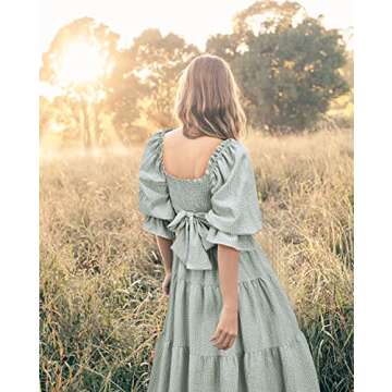 UIMLK Women's Puff Sleeve Smocked Gingham Off The Shoulder Back Bow Tie Flowy Cottagecore Bohemian Ruffle Midi Dress,Green-XL