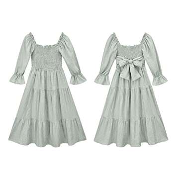 UIMLK Women's Puff Sleeve Smocked Gingham Off The Shoulder Back Bow Tie Flowy Cottagecore Bohemian Ruffle Midi Dress,Green-XL